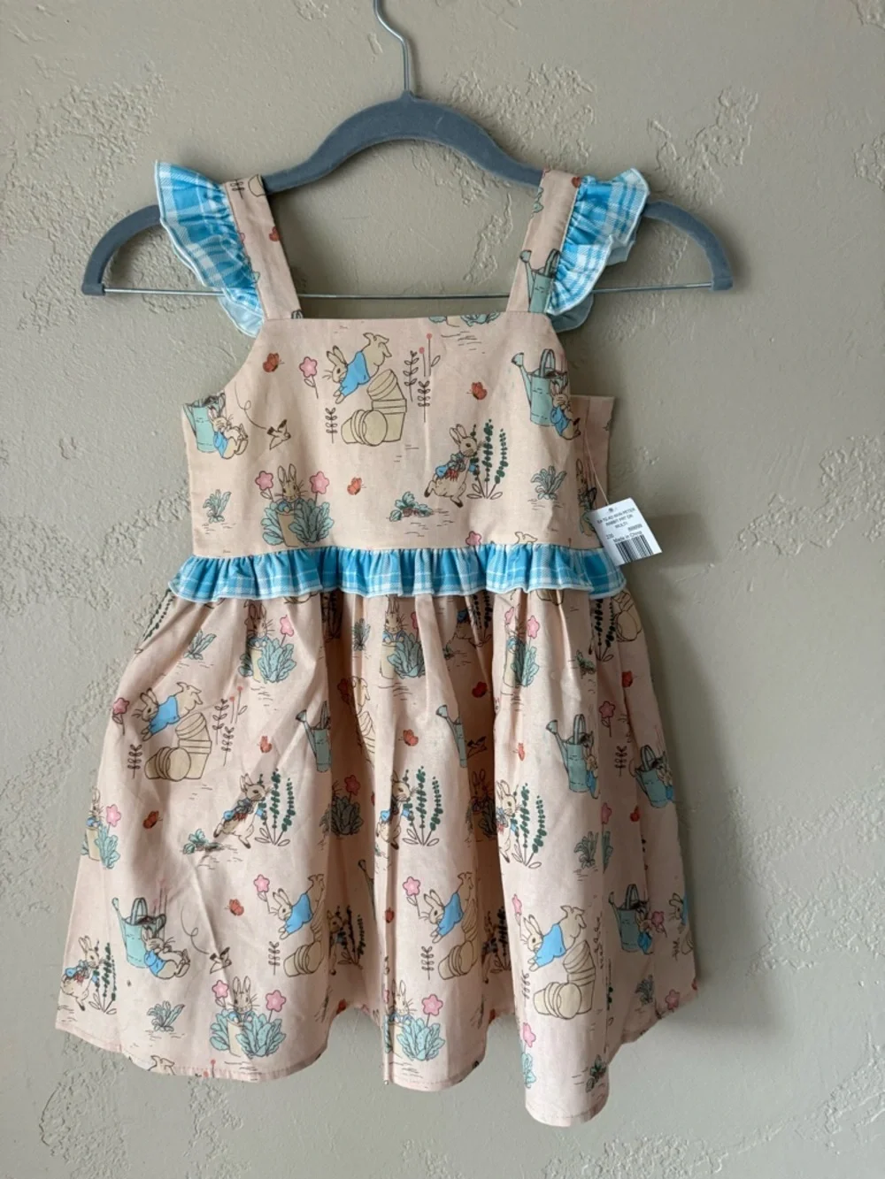 Peter Rabbit Girls Pink Flower Bunny Sundress with Blue Gingham Trim Spring 5